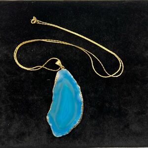 Blue Agate Slice Necklace Gold Foil Edge 18K Gold Filled 24.5” Chain